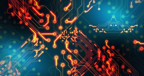 Abstract circuit pattern with glowing orange lines