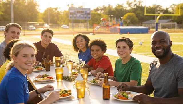 Multigenerational group sharing sunset picnic at long table on sports field