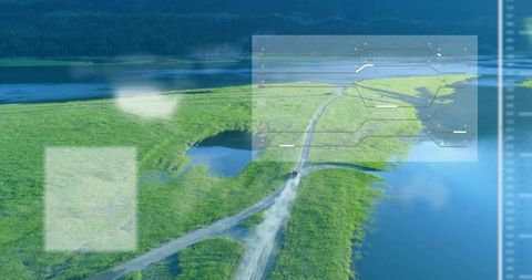 Drone surveying vehicle tracking over wetland peninsula with digital hud map overlay