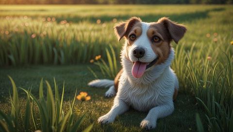 Adorable brown and white dog relaxing in meadow surrounded by wildflowers