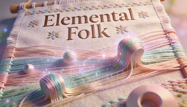 Elemental folk tapestry with flowing pastel yarns, sparkling threads and artisan detail