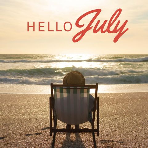 Beachfront Relaxation with 'Hello July' at Sunset - Download Free Stock Templates Pikwizard.com