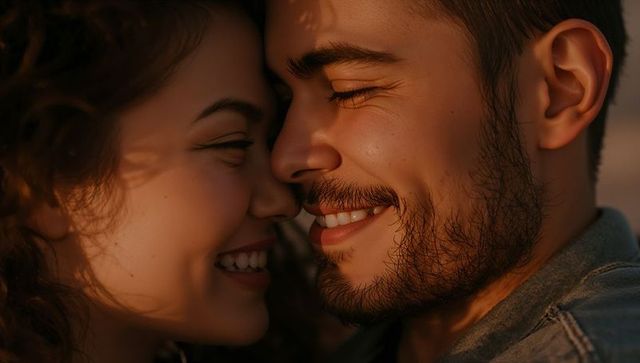 Smiling couple leaning and touching foreheads during golden-hour, warm romantic close-up