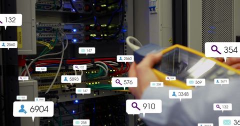 technician examining server with social media interface overlay - Download Free Stock Images Pikwizard.com