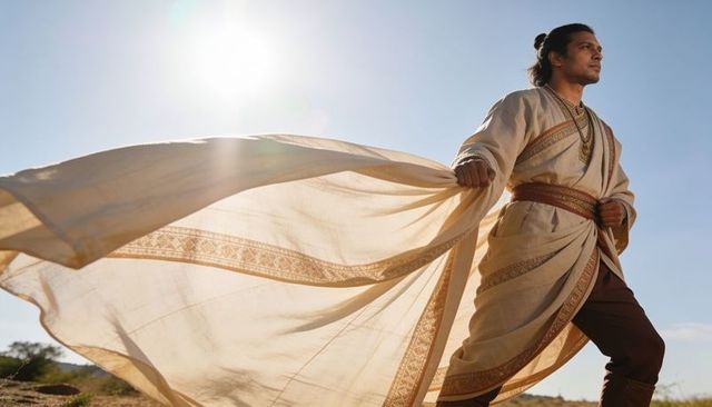 Windblown robe flowing behind confident man on sunlit desert plain with dramatic backlight