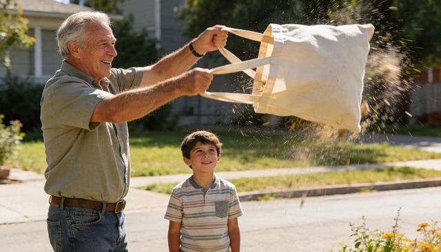 Grandfather and grandson shaking canvas tote, dust flying in sunny suburban neighborhood