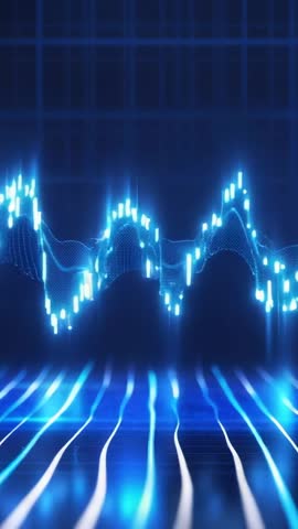 Glowing Blue Waveform Rising from Grid Floor with Pulsing Nodes Vertical Motion Graphic