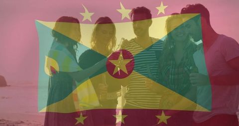 Friends Celebrating at Beach Sunset with Grenada Flag Overlay