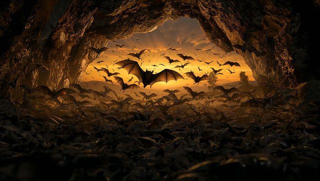 Colony of Bats Flying from Cave at Sunset
