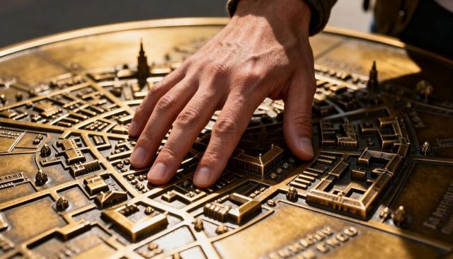 Hand exploring bronze tactile city model closeup, fingers tracing urban relief map plaque