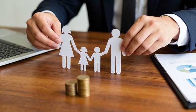 Businessman arranging paper family cutouts and coin stacks representing family finance planning