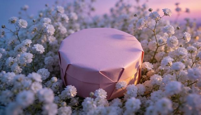 Round pink origami gift box nestled in baby's breath with pastel sunset light, romantic bokeh