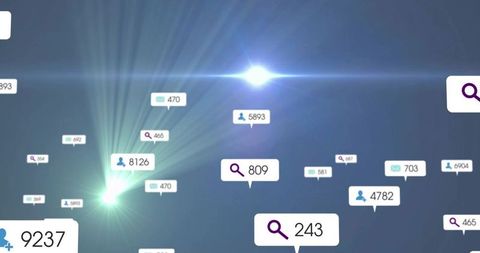 Floating social notification badges and search icons in data network with lens flare
