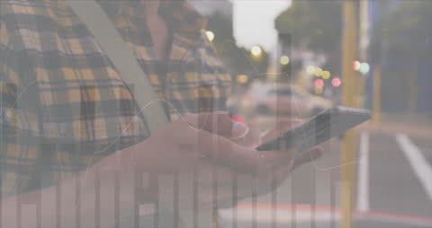 Financial Data Analysis Overlaid on Man with Smartphone