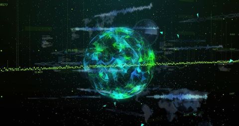 Neon Faceted Globe Intersecting Dotted Waveform in Holographic Data Network Visualization