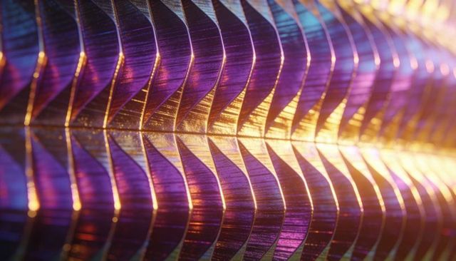 Shimmering iridescent metal fins revealing gold purple macro metallic texture pattern