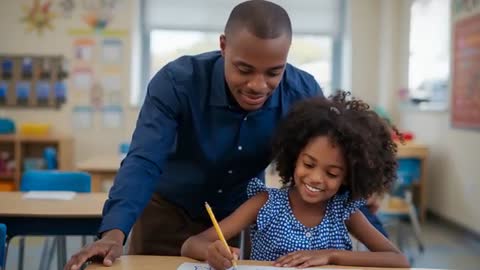 Teacher Helping Student with Classwork in Schoolroom