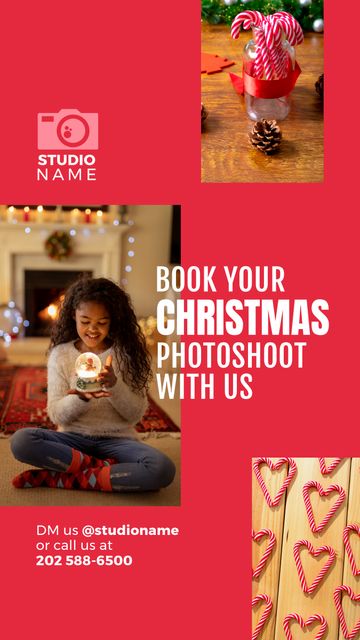 Advertisement promoting a Christmas photoshoot. Features a smiling woman sitting on a cozy rug, holding a snow globe. Images of Christmas decorations like candy canes and pinecones complement the festive theme. Ideal for photography studios, holiday marketing, social media campaigns, and festive event promotions.