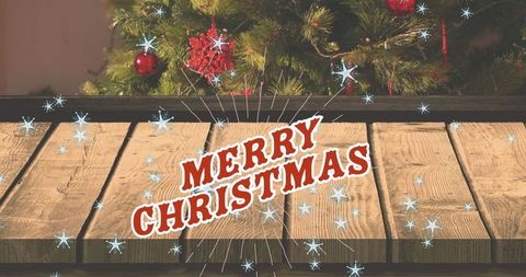 Festive christmas greeting with rustic wooden table background