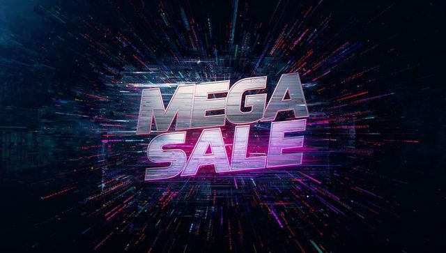Futuristic neon mega sale 3d chrome text with glowing light streaks and cyberpunk grid