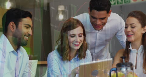 Diverse Team Analyzing Data on Tablet with Overlaying Graphs