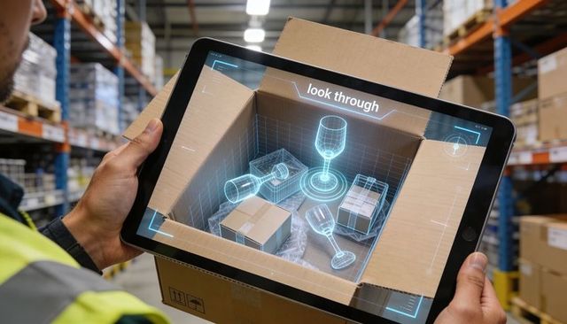 Warehouse worker scanning open box with tablet showing ar glassware overlay quality check