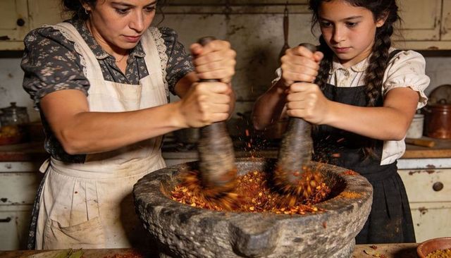 Mother and daughter grinding chilies in rustic kitchen using stone mortar and pestles