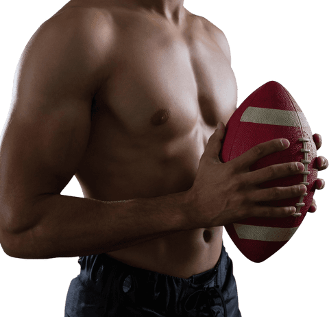 Muscular athlete holding american football ball on transparent background