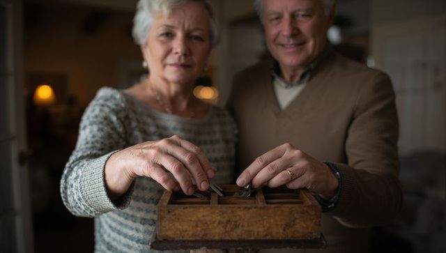 Senior couple organizing family keys in vintage wooden box showing connection and memory