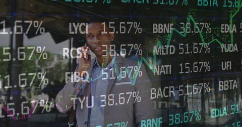 Businessman with Smartphone and Stock Tickers on Urban Street