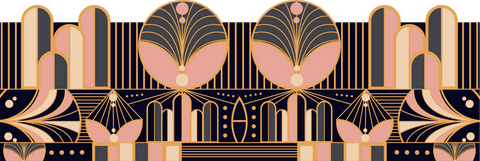 Abstract Art Deco Pattern with Pink-Gold Fans on Transparent Background