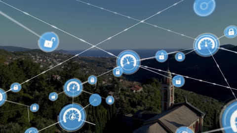 Network Connection Icons Over Scenic Landscape Aerial View