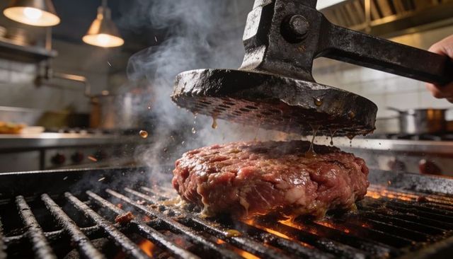 Pressing juicy beef patty on hot grill with heavy metal burger press, flames sizzling