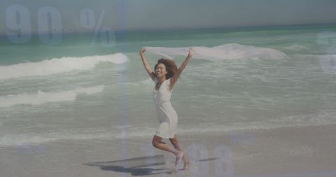 Joyful Woman Running on Sunny Tropical Beach