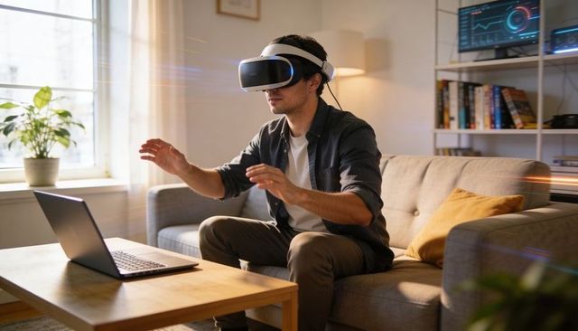 Young man immersed in vr headset interacting with virtual workspace on living room couch