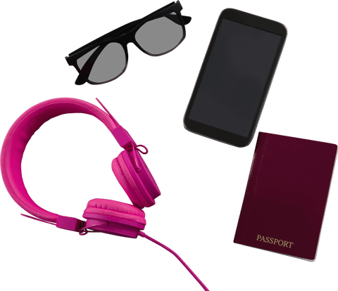 transparent travel essentials: passport, phone, headphones, sunglasses - Download Free Stock Videos Pikwizard.com
