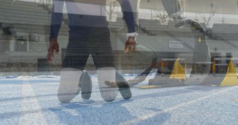 Determined Paralympic Athlete Adjusting Blade on Blue Track