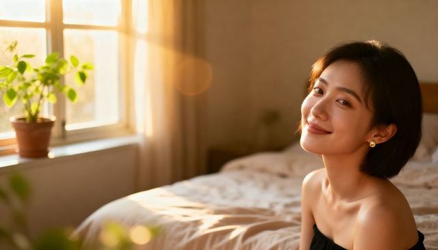 Sunlit morning portrait smiling young woman on cozy bed, golden hour intimate moment