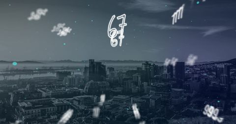 Digital numbers falling over cityscape horizon view