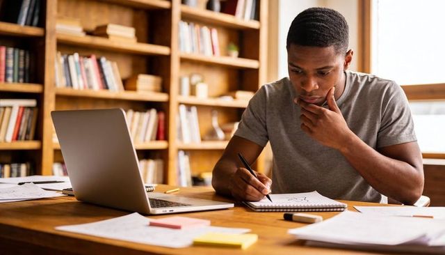 Focused black man studying at home desk with laptop and notebook, taking notes, bookshelf