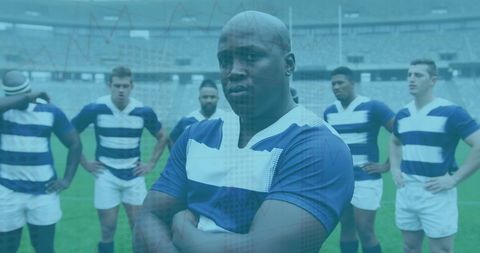 Confident Rugby Team with Digital Interface Patterns