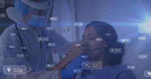 Healthcare worker in full ppe placing oxygen mask on patient with digital health overlays