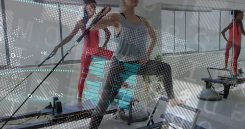 Woman lunging on pilates reformer with digital fitness overlay in modern studio