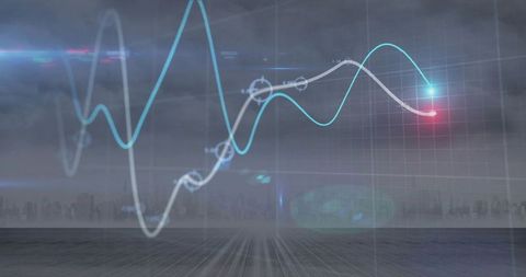Futuristic HUD Data Waves Showing Cyan White Graph Lines with Glowing Nodes on Grid