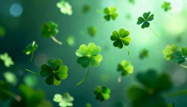 Floating four-leaf clover macro with sunlit bokeh, lucky shamrock green nature background