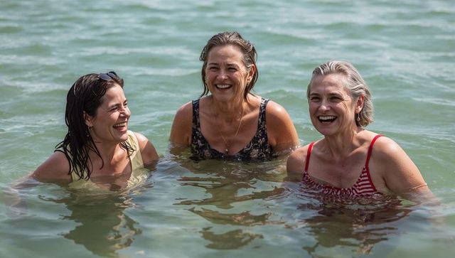 Three women laughing and chatting while swimming chest-deep in sunlit lake water