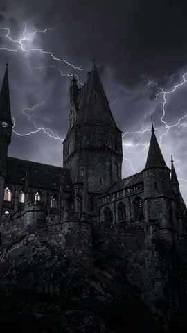 Lightning flashing over medieval castle towers on cliff with glowing windows | Vertical video