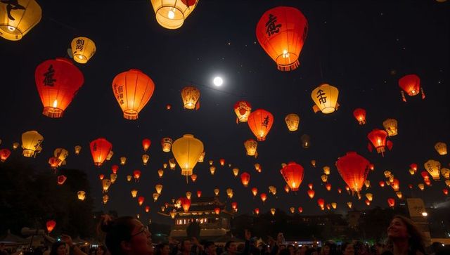 Floating Lantern Release Over Temple Under Full Moon Celebrating Night Festival of Lights