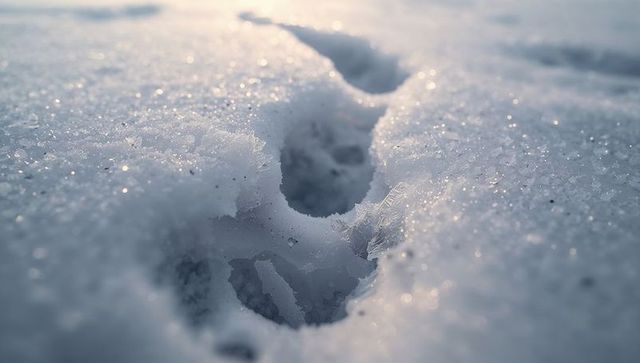 Sunlit single-file snow track with frosty crystal grooves and compacted depressions