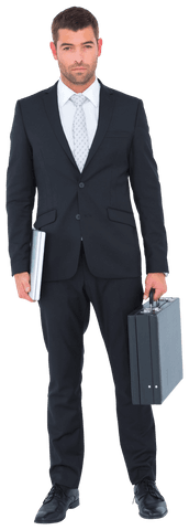 Businessman holding briefcase and documents on transparent background